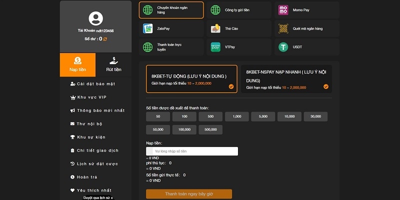 Nạp tiền vào tài khoản cá nhân tại 8kbet